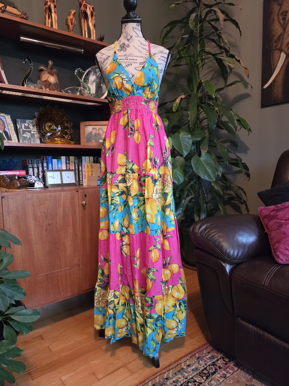 NWT Vibrant Pink & Turquoise Lemon-Print Italian Maxi Dress